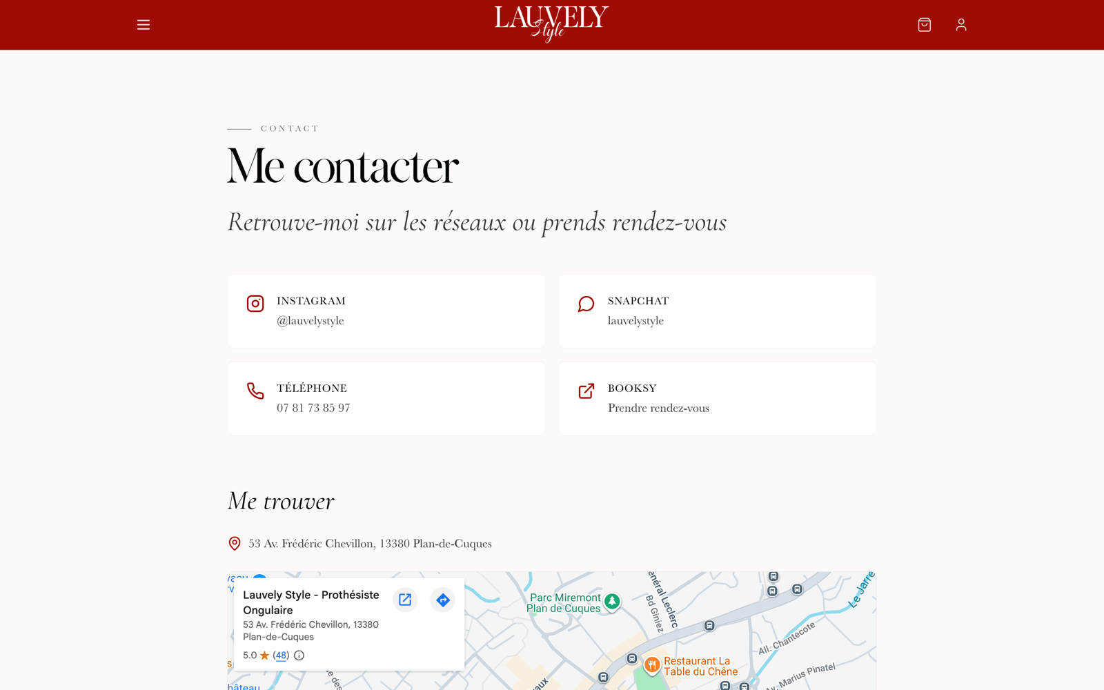 Page contact : Booksy, réseaux et localisation — LauvelyStyle