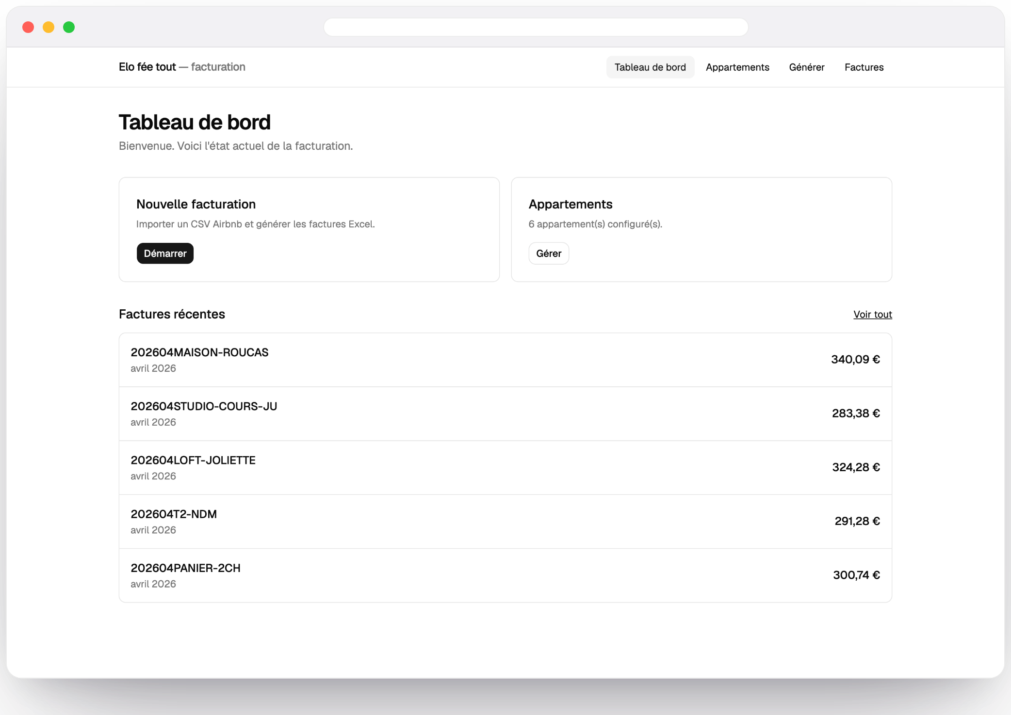 Aperçu desktop et mobile — Facturation conciergerie